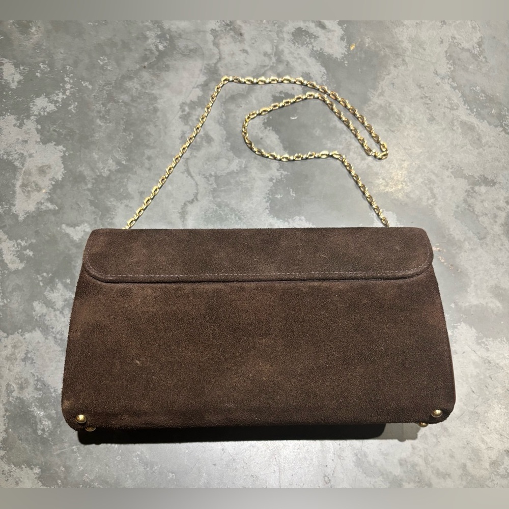 Vintage Crown Lewis Brown Suede Clutch with Gold Chain - Picture 10 of 10